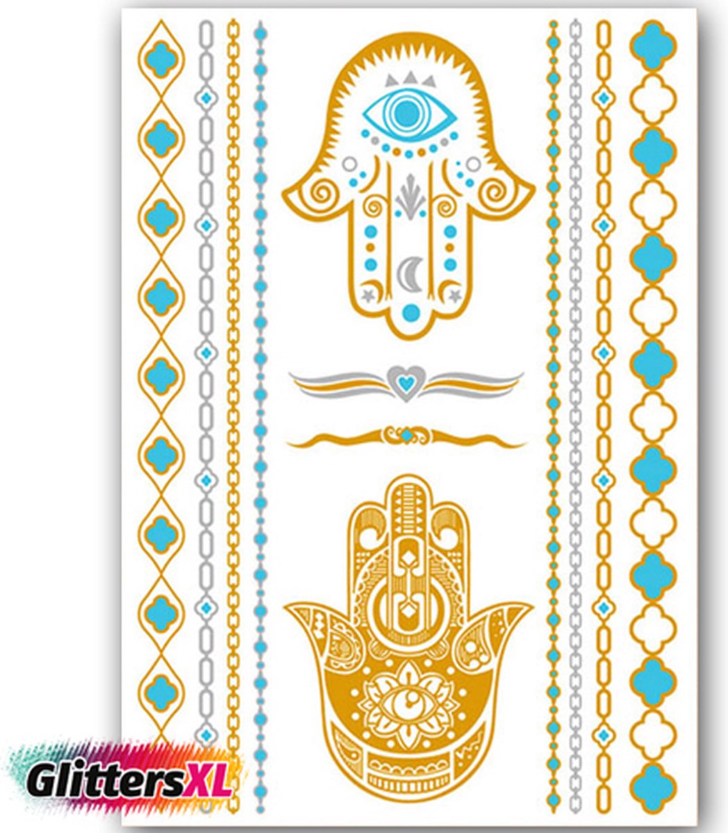 GlittersXL - Temporary Tattoo Goud/Gold (11x6cm) [Neptattoo Ibiza Turquoise - Tijdelijke tatoeage - Nep Fake Tattoos - Water overdraagbare festival sticker henna outfit tattoo - Glitter tattoo - Volwassenen Kinderen Jongen Meisje]